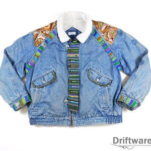 NENA & CO Womens Large Upcycled Levis Sherpa Denim Jean Jacket HUIPIL Patches